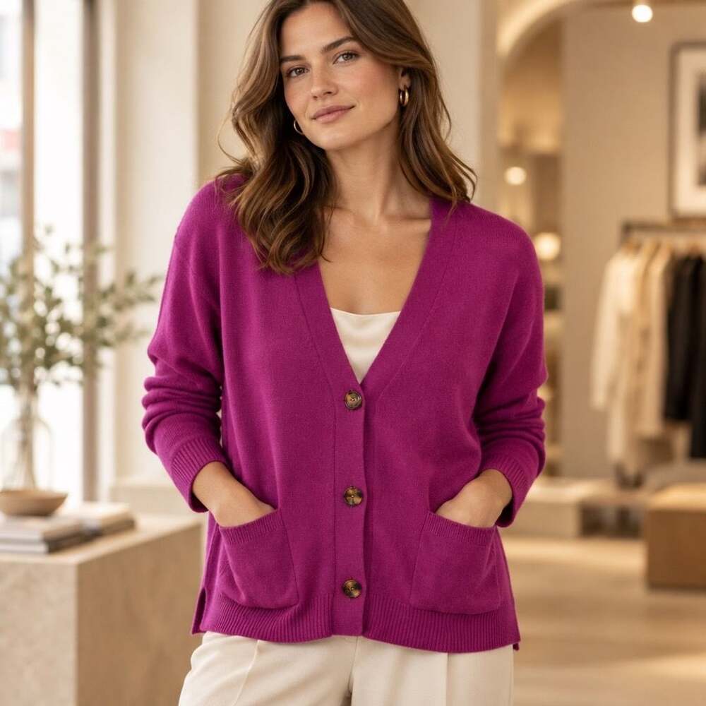 J.Jill Cardigan Sweater Size SP Petite Magenta Cotton Blend V-Neck